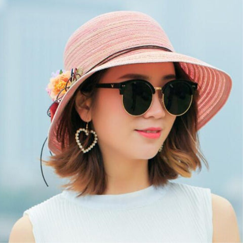 Fashion women  Hat Lady medium  Brim Floppy Summer Beach Sun Straw Hat Cap with flower Free Shipping