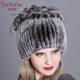 Women fur hat for winter natural rex rabbit fox fur cap russian female