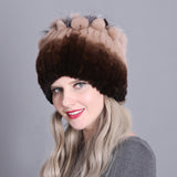 Women fur hat for winter natural rex rabbit fox fur cap russian female