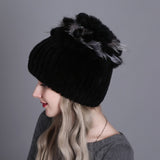 Women fur hat for winter natural rex rabbit fox fur cap russian female