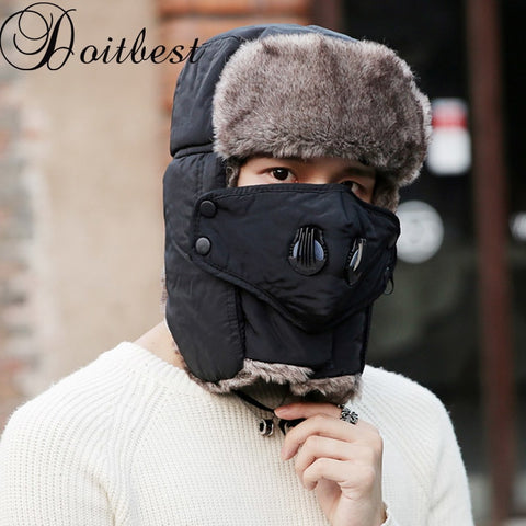 Doitbest Prevent Fog haze Winter fur men's bomber hats Windproof Thick warm snow women cap Face Mask russian